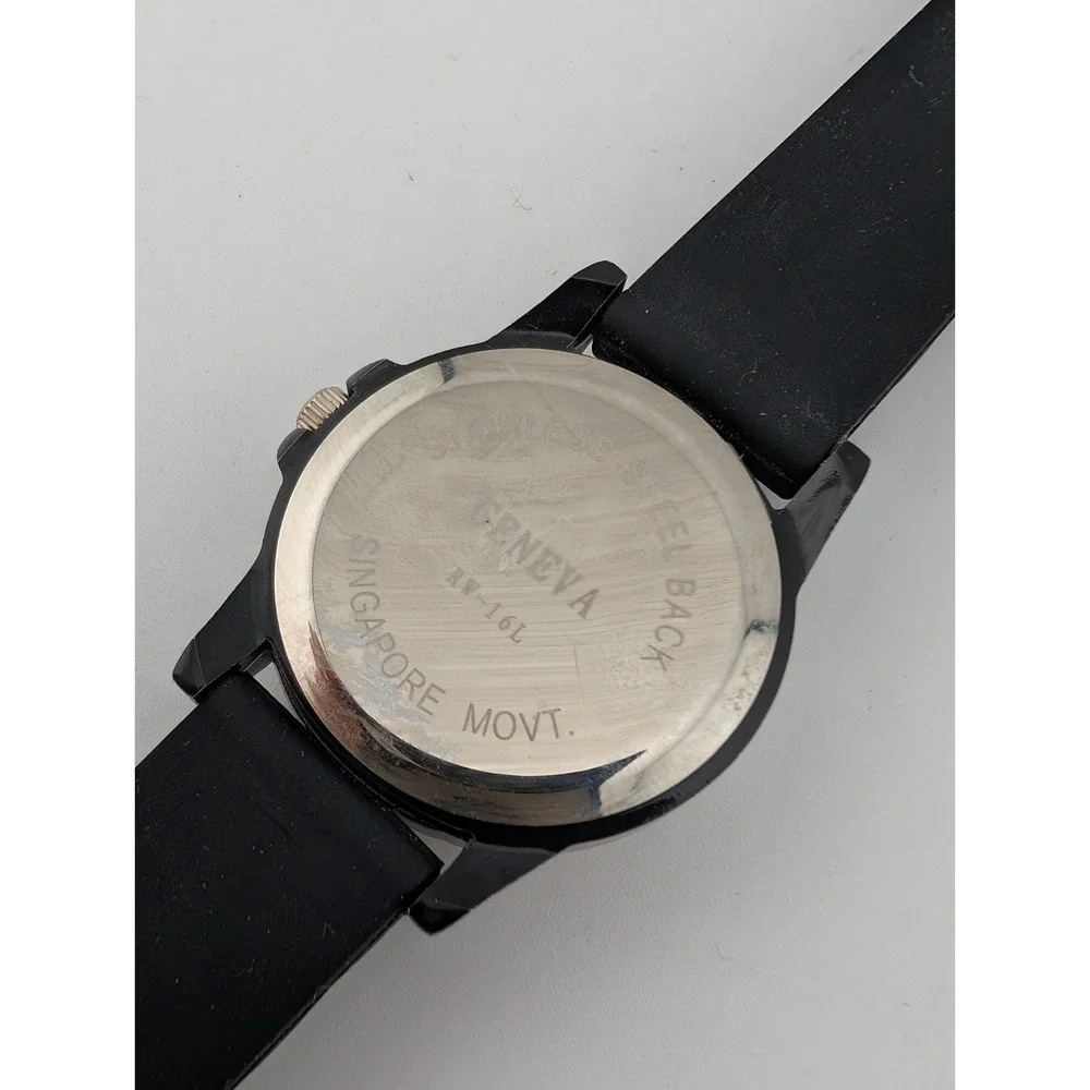 Geneva Watch Women 32mm Case‎ Rhinestone Bezel Black Silicone Band- New Battery